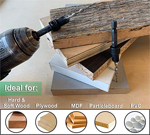 JNB Pro Wood Countersink Drill Bit Set JP0506, 5 Pc #6(9/64"), 2 Extra Bits 9/64 Tapered Drill Bit, 1 Adjustable Collar, 1 Wrench - 1/4" Quick Change - WoodArtSupply