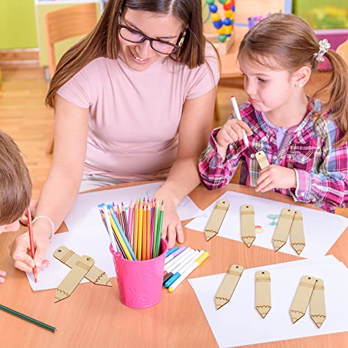 Whaline 20Pcs Back to School DIY Craft Cutout Wooden Pencil Shaped Hanging Ornaments Back to School Craft Cutout with Hemp Rope for First Day of Whaline