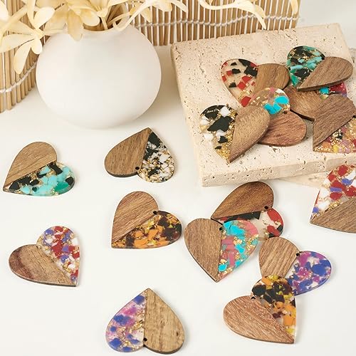 Craftdady 16Pcs Resin Wood Heart Charms with Gold Foil 8 Colors Walnut Wooden Pendants Earring Blank Charms for Women Boho Earrings Crafts DIY Craftdady