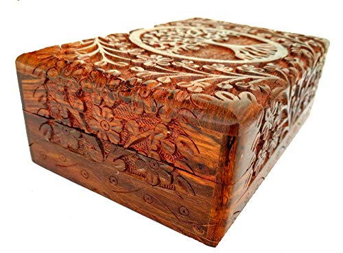 Ajuny Handcarved Wooden Decorative Treasure Chest Box Tree Pattern - Multipurpose Use As Jewelry Storage, Watch Box, Great for Gifts - Brown, 8X5 Ajuny