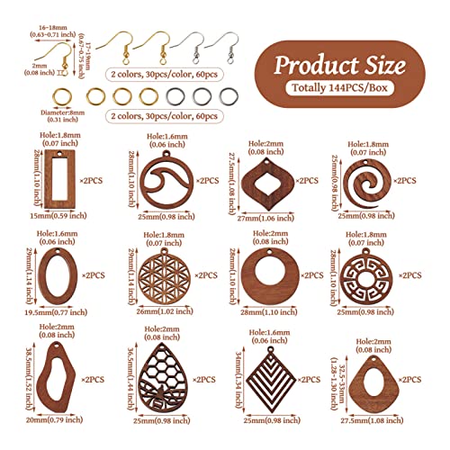 FASHEWELRY 24Pcs Natural Filigree Wood Earring Charms Blank Flat Round Teardrop Oval Walnut Wooden Pendants with 120pcs Earring Hooks Jump Rings for FASHEWELRY