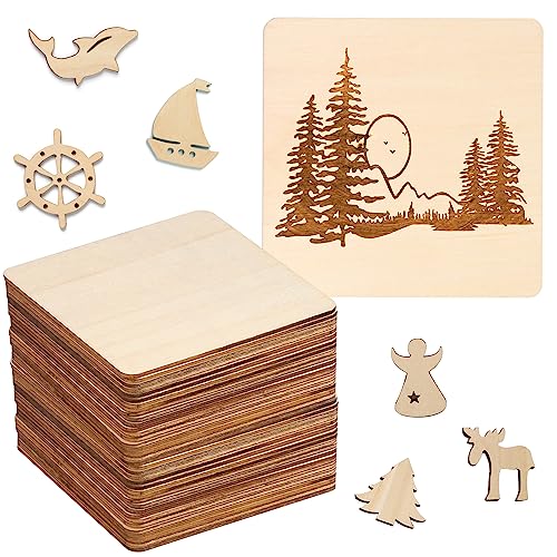 120 Pieces Unfinished Wooden Squares, 4 x 4 Inch Natural Square Wood Cutout Tiles for DIY Crafts, Painting, Carving and Home Decor, Coasters, GNIEMCKIN