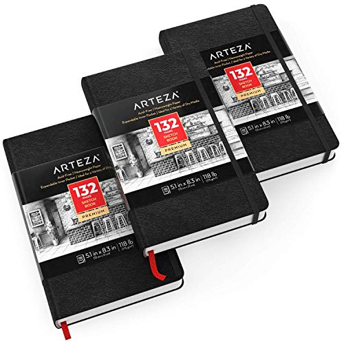 Arteza Small Sketch Book 3-Pack, 5.1x8.3 inch Sketch Pads, 100 Pages per Drawing Book, 118lb 175gsm, Hardcover Drawing Pad, Bookmark Ribbon, ARTEZA