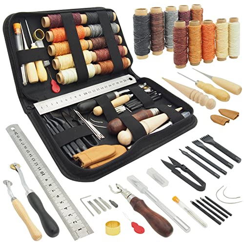 PLANTIONAL Leather Working Tools for Beginners: Professional Leather Craft Kit with Waxed Thread Groover Awl Stitching Punch for Leathercraft Adults PLANTIONAL
