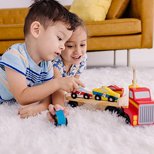 Melissa & Doug Magnetic Car Loader Wooden Toy Set With 4 Cars and 1 Semi-Trailer Truck - Crane Wooden Toy, Vehicle Toys For Kids Ages 3+ Melissa & Doug