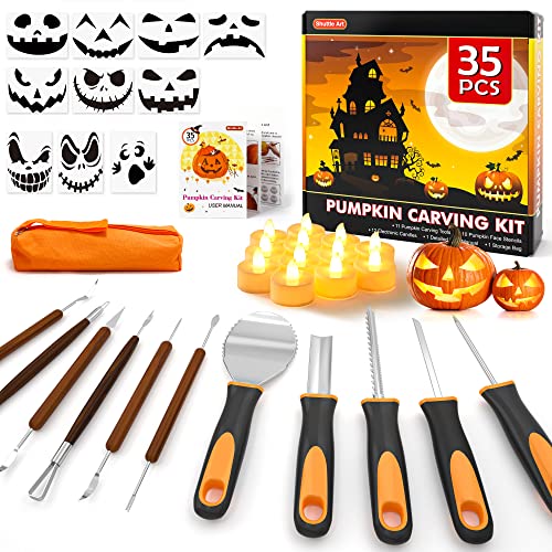 Shuttle Art 35 PCS Halloween Pumpkin Carving Kit, 11 PCS Professional Stainless Steel Pumpkin Carving Tools with 10 Stencils and 12 Electronic Shuttle Art