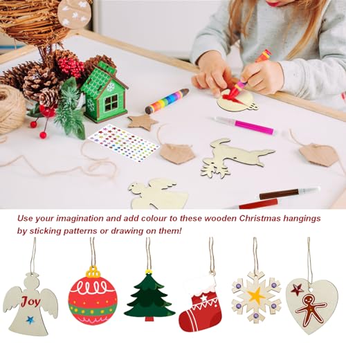 80 Pcs Wooden Christmas Ornaments for Crafts, 8 Styles Unfinished Wood Ornaments With Pens, Gem and Star Stickers, Blank Wood Christmas Tree Apragaz
