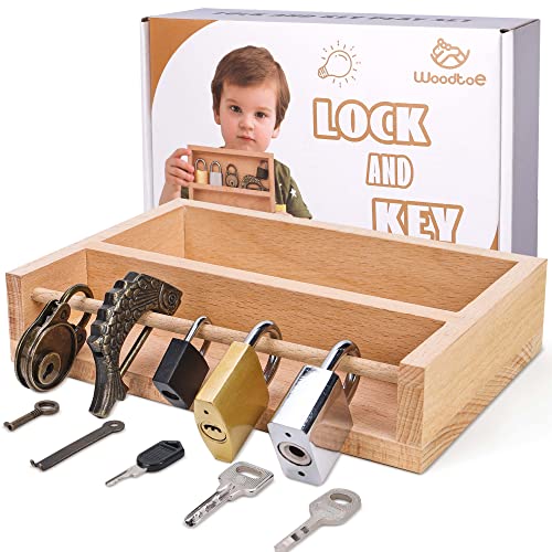 Woodtoe Montessori Lock and Key Toy Set for Kids, Educational Lock Set Keys, Wooden Learning Montessori Materials for 3 4 5 6 Toddlers, Preschool, Woodtoe