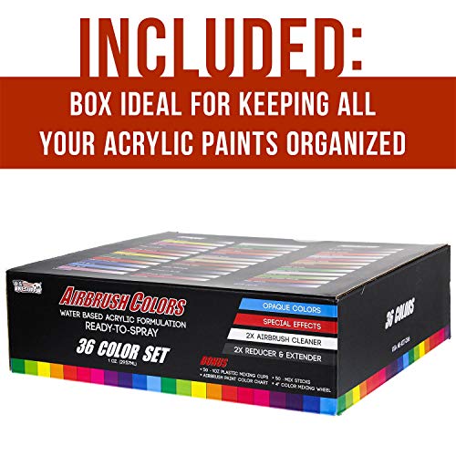 U.S. Art Supply 36 Color Deluxe Acrylic Airbrush, Leather & Shoe Paint Set with Cleaner, Thinner, 50-Plastic Mixing Cups, 50-Wooden Mix Sticks and U.S. Art Supply