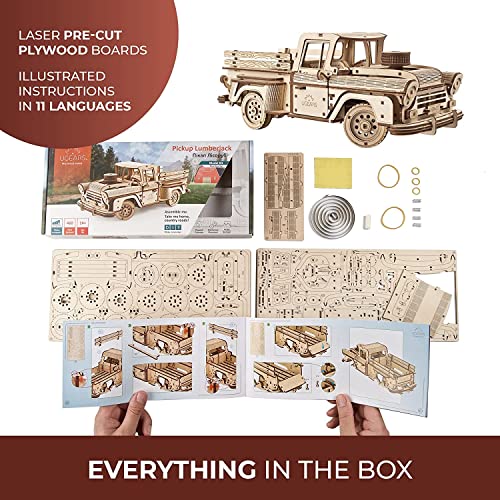 UGEARS Pickup Lumberjack 3D Puzzle - Classic 1950s Pickup Truck 3D Wooden Puzzles for Adults and Kids with Powerful Spring Motor - Detailed Car Model UGEARS