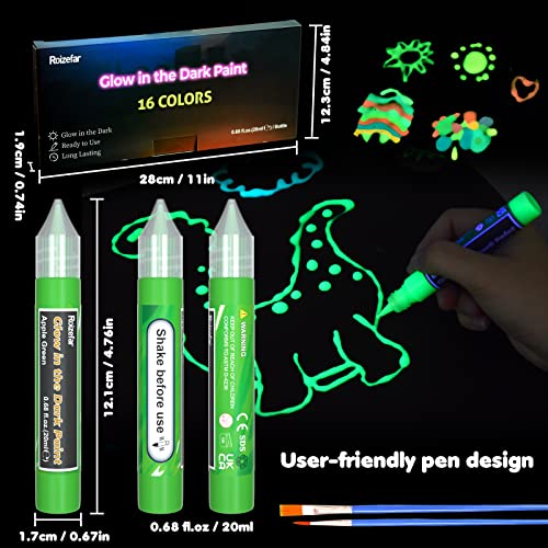 Roizefar Fabric Paint, 16 Colors Glow in the Dark Paint, 3D Permanent Acrylic Textile Paint (20 ml/0.68 oz), Neon Craft Painting Fabric Paint for Roizefar