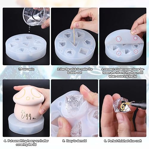 Juome Dice Resin Molds Silicone, DND Dice Silicone Molds for Epoxy Resin Casting with 7 Standard Stereoscopic Dice Cavities, Resin Mold for DIY Dices Juome