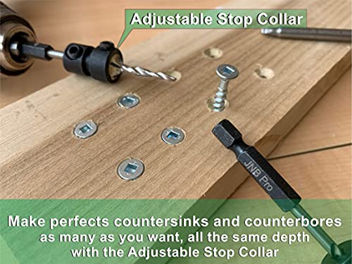 JNB Pro Wood Countersink Drill Bit Set JP0506, 5 Pc #6(9/64"), 2 Extra Bits 9/64 Tapered Drill Bit, 1 Adjustable Collar, 1 Wrench - 1/4" Quick Change - WoodArtSupply