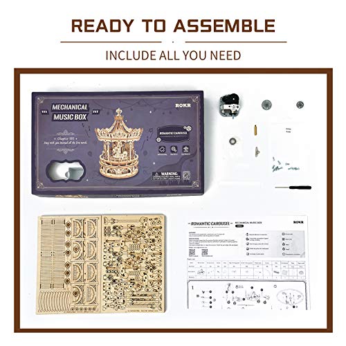 ROKR 3D Wooden Puzzles for Adults Mechanical Music Box Romantic Carousel, DIY Music Box Model Building Kits for Teens, DIY Crafts/Hobbies/Gifts Desk ROKR