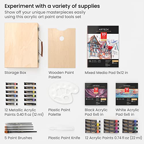 ARTEZA Acrylic Paint Set, 35-Piece Art Set, Includes 24 Acrylic Paints, 5 Brushes, 1 Paint Palette, 1 Paint Knife, 3 Painting Pads, and Storage Case, ARTEZA