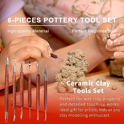 Clay Sculpting Tools, 6 PCS Double-Ended Stainless Steel Polymer Clay Tools, Wooden Handle Pottery Tools for Embossing, Carving Tools and Supplies HANWER