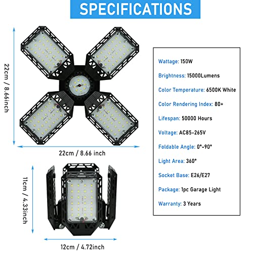 QiyuanLS LED Garage Light,150W Deformable LED Garage Ceiling Lights,15000LM Garage Lights with 4 Adjustable Panels, E26/E27 LED Shop Lights for QiyuanLS