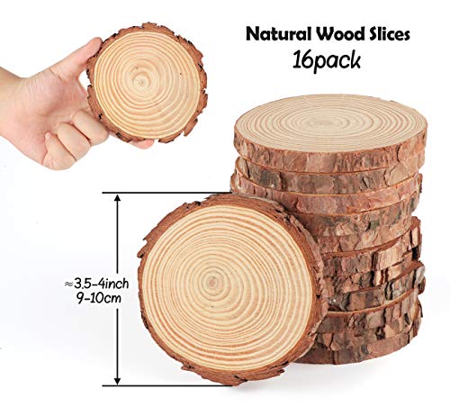 ilauke Wood Slices for Crafts 16Pcs 3.5''-4'' Unfinished Wood Rounds Natural Thicken Slab with Bark for Coasters Centerpieces Wedding Rustic Craft ilauke