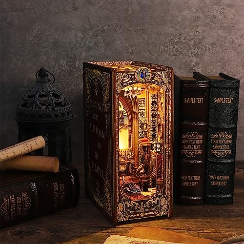 DIY Book Nook Kit with Sensor Light Music Box, 3D Wooden Puzzle for Adults, Covenant Church Bookshelf Insert, Self-Assembly Bookend Building Set Hallisun