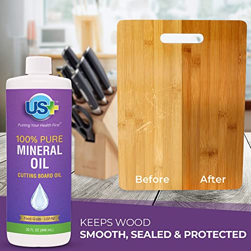 US+ 32oz 100% Pure Mineral Oil - Cutting Board Oil - Food-Grade - USP - Restores & Protects Cutting Boards, Butcher Blocks, Countertops, Steel US+