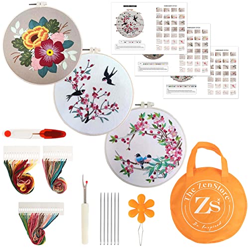ZENSTORE 3 Sets Embroidery Kit For Beginners Adults - 3 Plastic Hoops And 3 Flowers Hand Embroidery Patterns - Needlepoint Kits For Adults - Easy The ZenStore