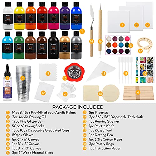 Nicpro 14 Colors 8.45oz Acrylic Pour Paint Supplies Kit, Large Volume Premixed High Flow Painting Bulk Set with Canvas, Wood Natural Slices, Pouring Nicpro