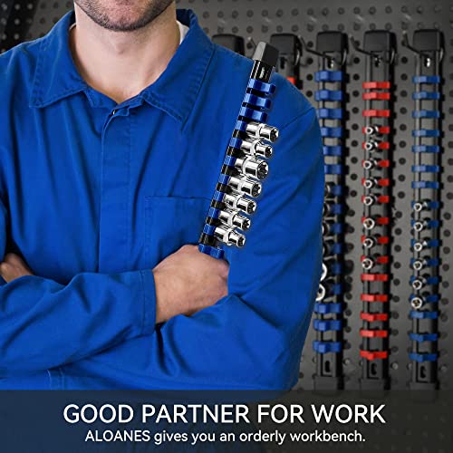 ALOANES 9 PC ABS Socket Organizer, 1/2 inch, 3/8 inch and 1/4 inch Drive Socket Rail Holders, Heavy Duty Socket Racks, Black Rails with Red, Blue and ALOANES