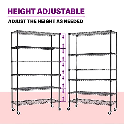 FDW 48"L×18"W×82"H Wire Shelving Unit Storage Cart Metal Shelf Rolling Utility Cart 2100Lbs Capacity with 6 Tier Casters Adjustable Layer Rack Strong FDW