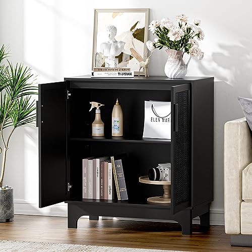 Anmytek Black Rattan Cabinet, Natural Rattan Storage Cabinet with 2 Doors Adjustable Shelf Large Space Entryway Hallway Cabinet Sideboard Buffet for Anmytek