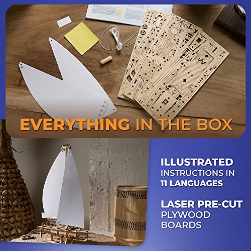 UGEARS Ocean Beaty Yacht 3D Wooden Puzzle - Wooden Mechanical Model Kit to Build - DIY Puzzle Boat with Paper Sails - Brain Teaser Building Set for UGEARS
