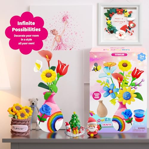 Titoclar Make Your Own Air Dry Clay Flower Bouquet - Arts and Crafts for Kids Girls 8-12 6-8, 4 5 6 7 8 9 10 11 12 Year Old Girl Gifts Toys, Titoclar