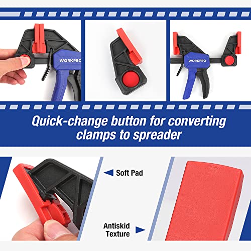 WORKPRO Bar Clamps for Woodworking, 6-Pack One-Handed Clamp/Spreader, 6-Inch (4) and 12-Inch (2) Wood Clamps Set, Light-Duty Quick-Change F Clamp WORKPRO