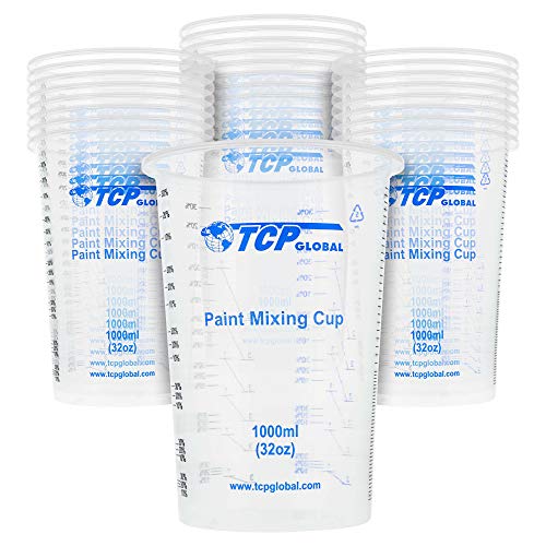 TCP Global 32 Ounce (1000ml) Disposable Flexible Clear Graduated Plastic Mixing Cups - Box of 25 Cups - Use for Paint, Resin, Epoxy, Art, Kitchen, TCP Global