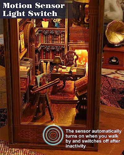 DIY Book Nook Kit, Bookshelf Insert Decor Alley 3D Wooden Puzzles with LED Lights & Motion Sensor, Miniature Dollhouse Kits Bookends Craft Kits for OMEPEA