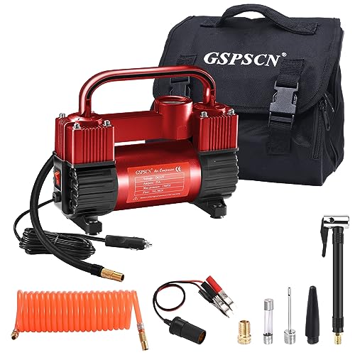 GSPSCN Red Tire Inflator Heavy Duty Double Cylinders, Portable Metal DC 12V Air Compressor, 150PSI Tire Pump with Adapter for Car, Truck, SUV Tires, GSPSCN