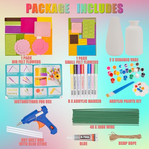 FTBox Crafts Kit for Girls Ages 6-12, Felt Flowers Bouquet and Paint Vase Art Craft Project for Girls, DIY Activity Christmas Birthday Gift for Girls FTBox