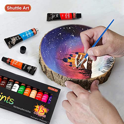 Shuttle Art Acrylic Paint Set, 15 x 12ml Tubes Artist Quality Non Toxic Rich Pigments Colors Perfect for Kids Adults Beginners Artists Painting on Shuttle Art