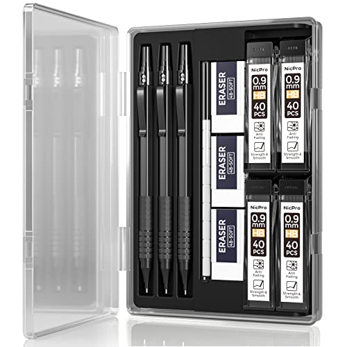 Nicpro Metal 0.9 mm Mechanical Pencils Set with Case, 3PCS Black 0.9mm Drafting Pencil, 6 Tubes HB Lead Refills, 3PCS Erasers, Erasers Refills for Nicpro
