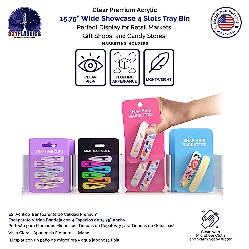 Marketing Holders 2 Pack Slatwall Acrylic Retail Tray Four Compartment 15.75" Wide x 4.75" Deep Clear Product Merchandise Storage Organizer for Marketing Holders