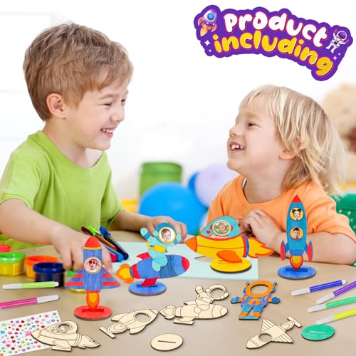 24 Pcs Rocket Space Wooden Craft Kit Rocket for Painting,Unfinished Wood Cutouts Crafts,DIY Outer Space Birthday Party Decorations BAPHILE