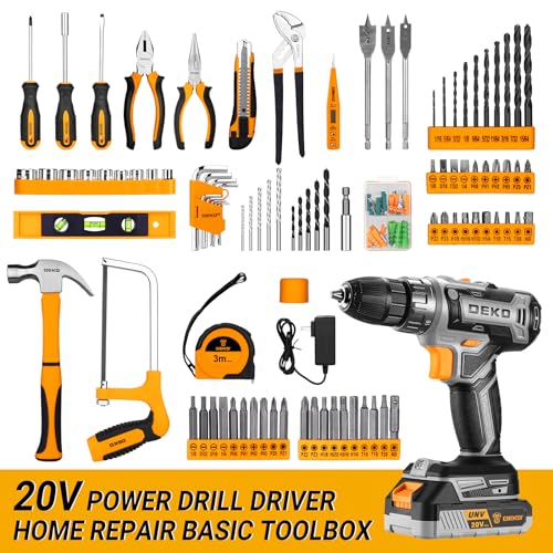 Cordless Drill Tool Kit Set: 20V Power Drill Tool Box with Battery Electric Drill Driver for Men Home Hand Repair Basic Toolbox Tools Sets Drills DEKOPRO