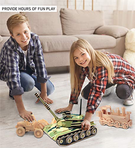 Puzzled 3D Puzzle Colorful Tank Wood Craft Construction Kit Fun, Unique and Educational DIY Wooden Military Toy Assemble Model Pre-Colored Crafting Puzzled