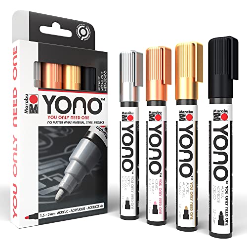 Marabu YONO Metallic Paint Markers - Unleash Your Inner Artist - Transform Any Surface With These 4 Acrylic Paint Markers for Canvas, Rocks, Mugs, Marabu