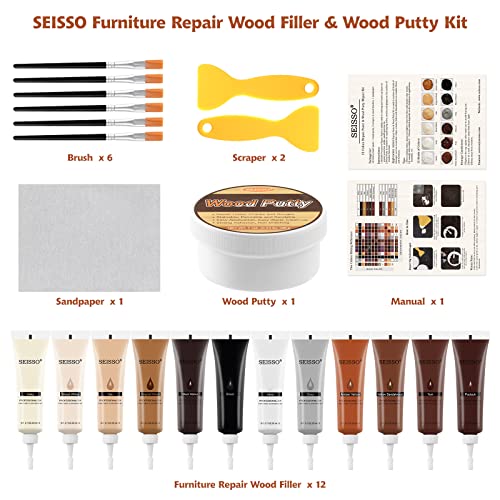 SEISSO Wood Furniture Repair Kit, Wood Putty Repair Fillers, Hardwood Laminate Floor Repair Kit, Restore Any Holes, Scratches, Cracks, Gouges for SEISSO