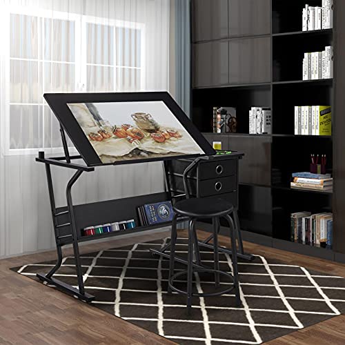 Yaheetech Drafting Table for Adults/Artists, Drawing Desk, Tabletop Adjustable Art/Craft Desk with Stool and 3 Slide Drawers, Sketching Painting Yaheetech