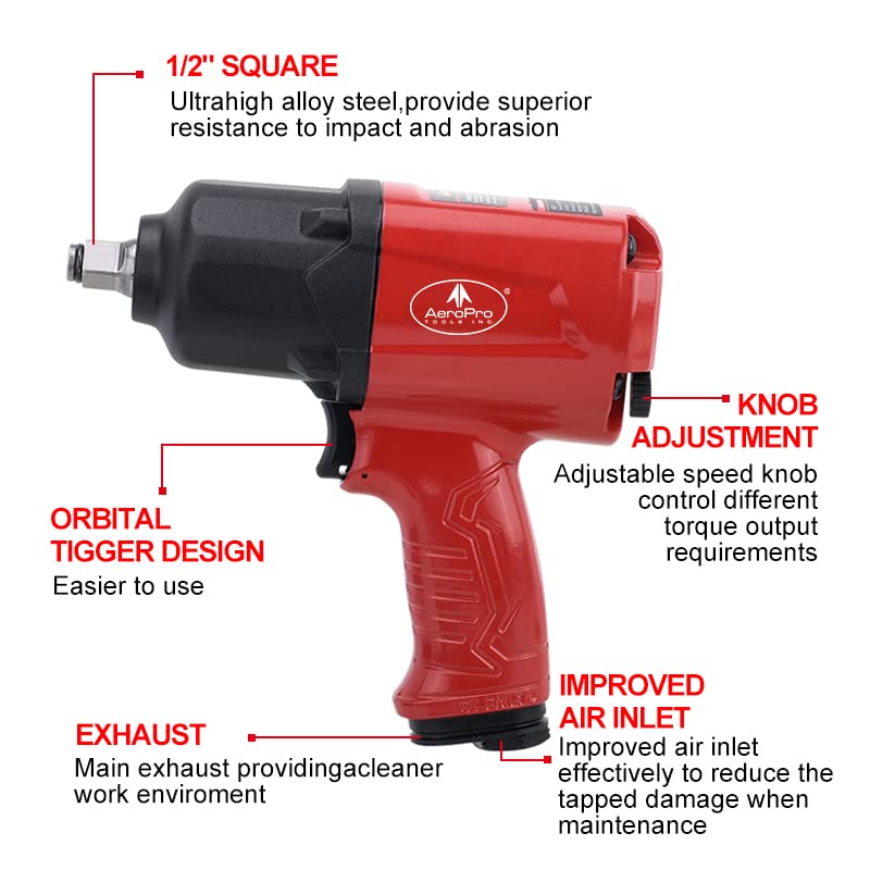AEROPRO TOOLS 1/2-Inch Aluminum Air Impact Wrench(A398),Twin Hammer with 1000FT-LB Super Torque, Pneumatic Impact Gun, for Auto Repair, Tire Shop AEROPRO TOOLS INC