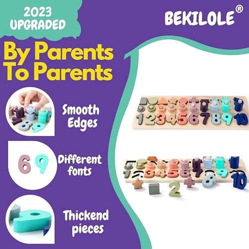 BEKILOLE Wooden Number Puzzle for Toddler Activities - Montessori Toys for Toddlers Shape Sorting Counting Game for Age 3 4 5 Year olds Kids - BEKILOLE