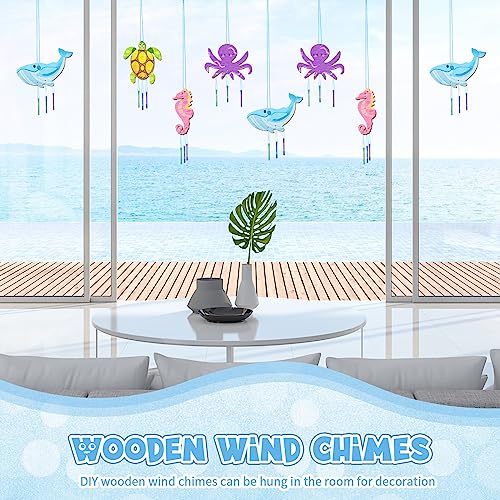 Leinuosen 32 Sets Wind Chime Kit for Kids Make Your Own Wooden Ocean Animals Wind Chime Wood Musical DIY Wind Chimes for Girls Boys Arts Crafts Leinuosen
