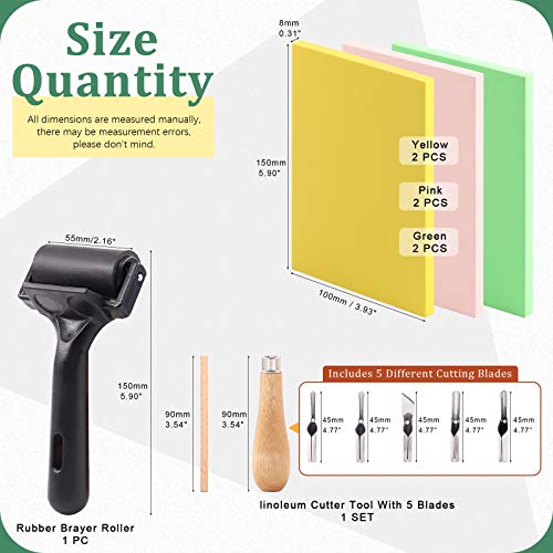 Keadic 12Pcs Soft Rubber Carving Blocks Kit, Comes with Linoleum Cutter Tools & 2 Inches Rubber Roller Brayer Rollers Glue Roller for Ink Paint Block Keadic