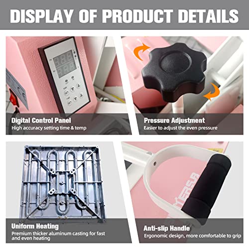 BetterSub Print T-Shirt Machine DIY Digital Industrial Quality Heat Press Machine Clamshell Transfer Sublimation Print Press Machine 15‘’x 15'' Pink BetterSub